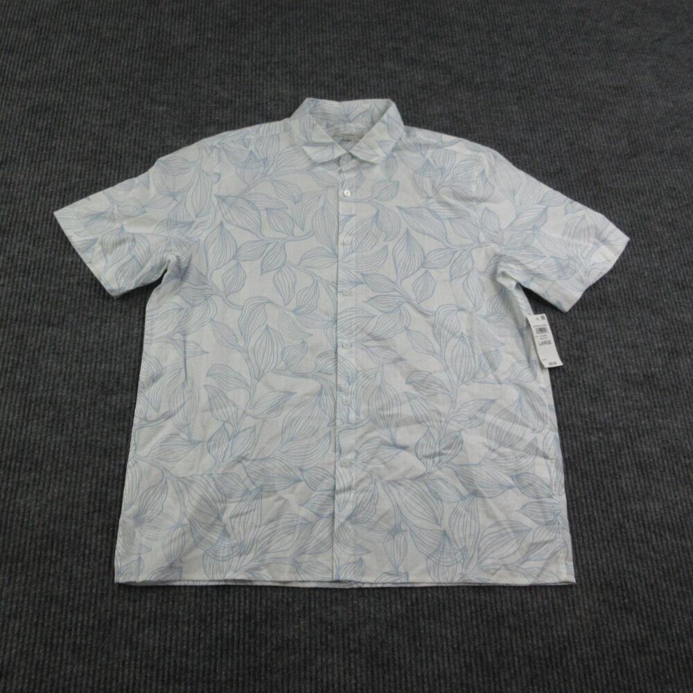Alfani Shirt Mens Large White Floral Short Sleeve Button Up 100% Cotton NWT